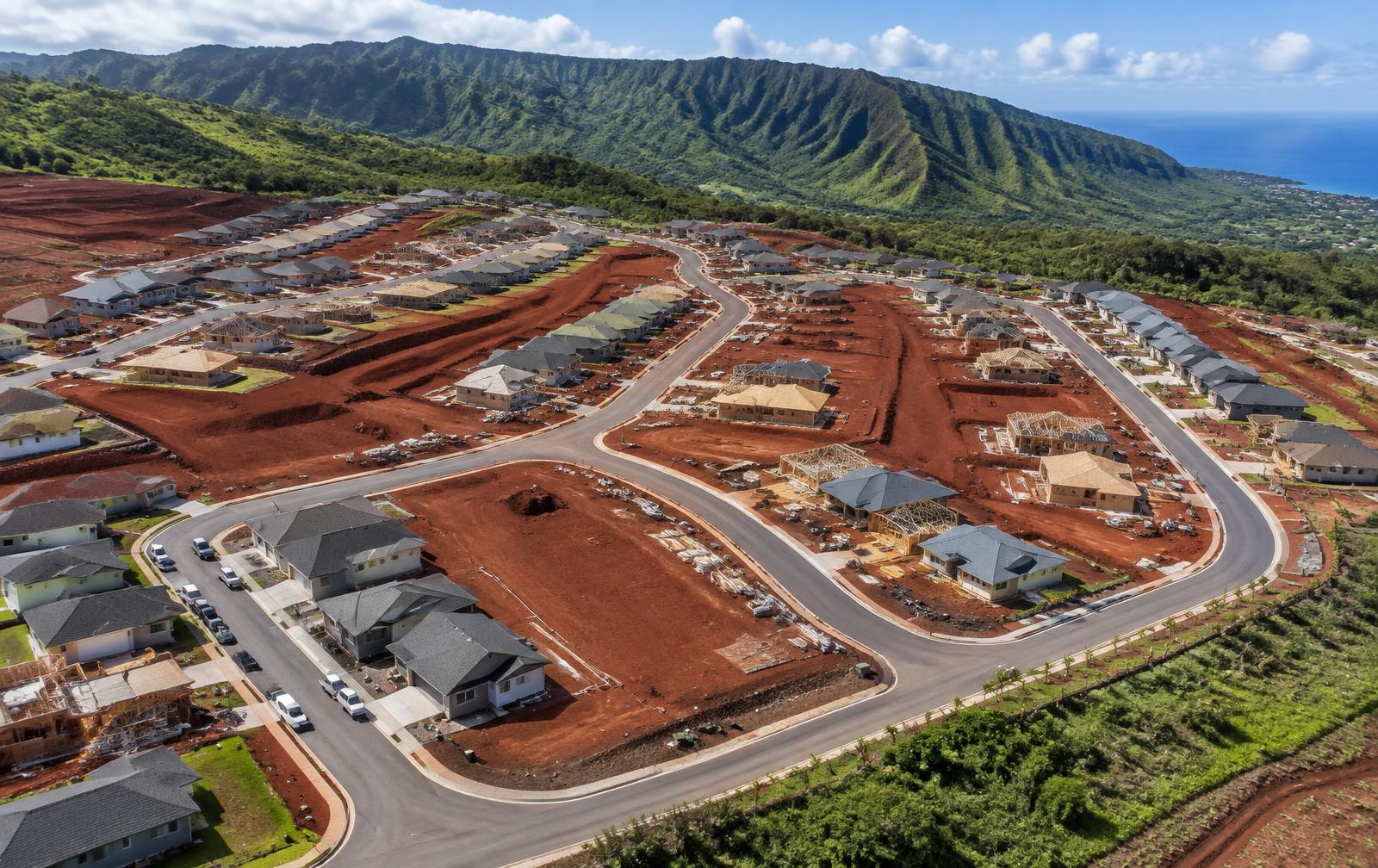 Aerial view of a graded master-planned subdivision in Hawaiʻi with curving streets and new homes under construction